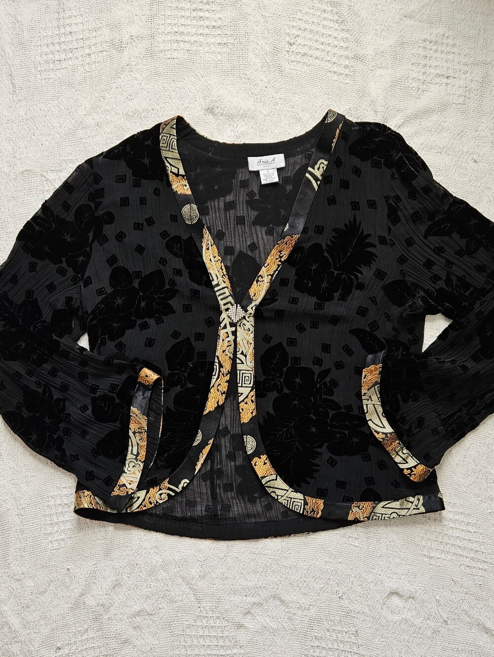 Ania A Vintage 100% Silk Top Velvet Floral Design Made In USA Size L